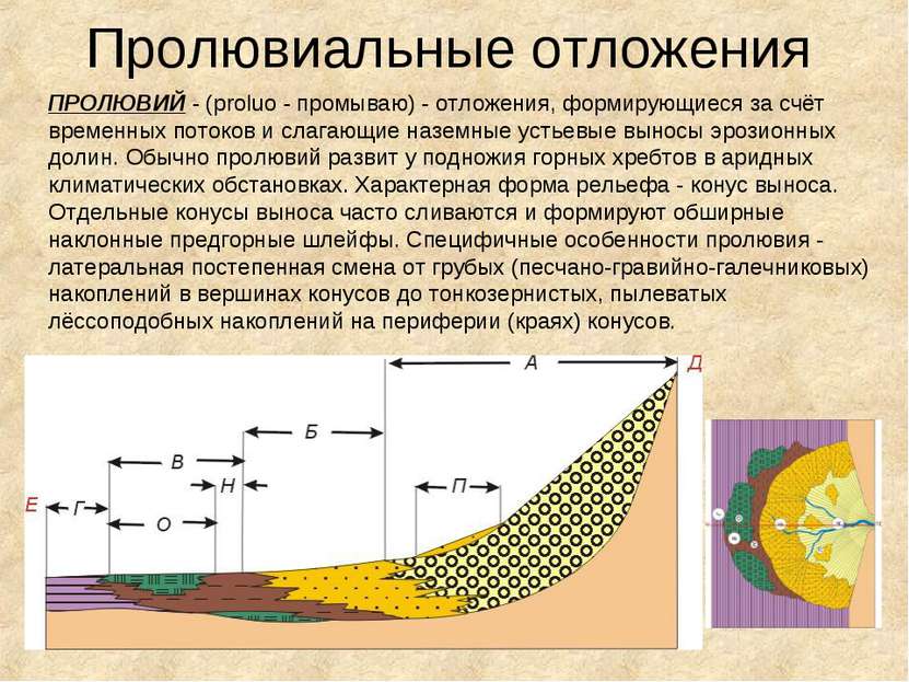 Пролювиальные отложения ПРОЛЮВИЙ - (proluo - промываю) - отложения, формирующ...