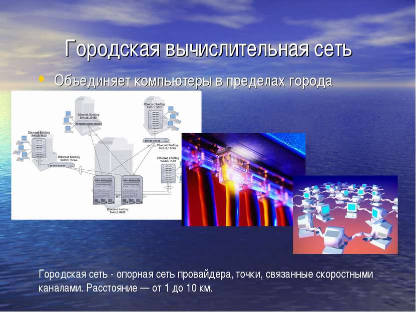 Городская вычислительная сеть Объединяет компьютеры в пределах города Городск...