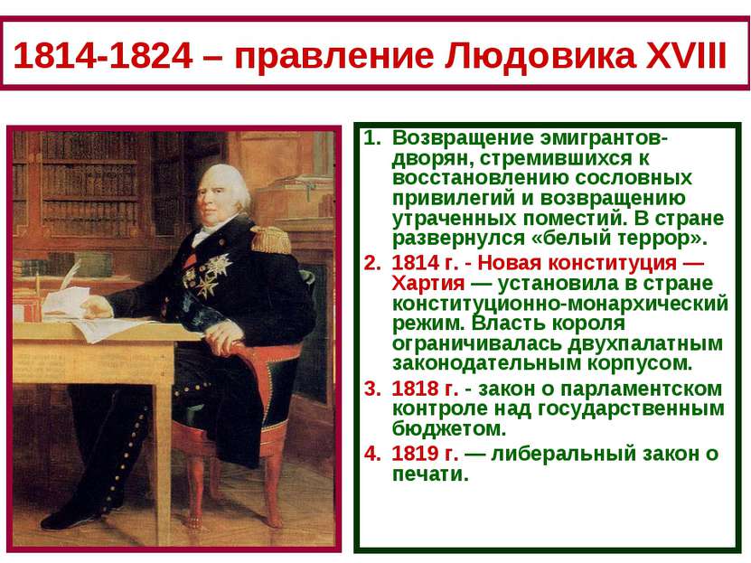 1814-1824 – правление Людовика XVIII Возвращение эмигрантов-дворян, стремивши...