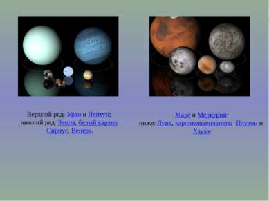 Верхний ряд: Уран и Нептун; нижний ряд: Земля, белый карлик Сириус, Венера.  ...