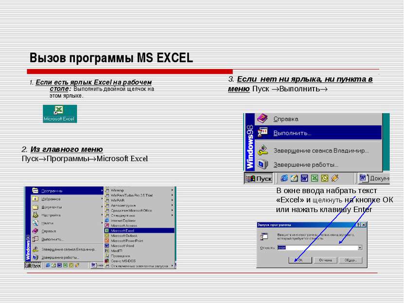 Вызов программы MS EXCEL 1. Если есть ярлык Excel на рабочем столе: Выполнить...