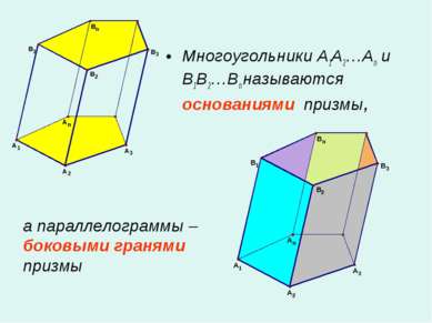 Многоугольники A1A2…An и B1B2…Bn называются основаниями призмы, а параллелогр...