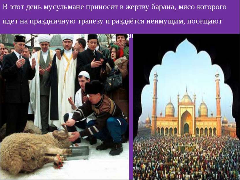 В этот день мусульмане приносят в жертву барана, мясо которого идет на праздн...