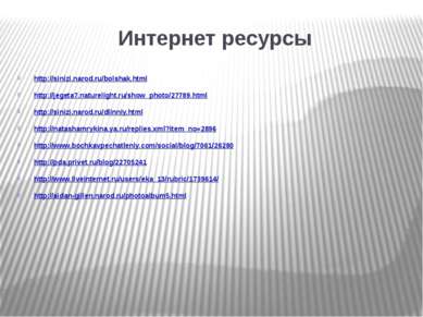 Интернет ресурсы http://sinizi.narod.ru/bolshak.html http://jegeta7.naturelig...