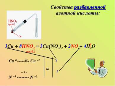 Свойства разбавленной азотной кислоты: 3Cu + 8HNO3 = 3Cu(NO3)2 + 2NO + 4H2O (...