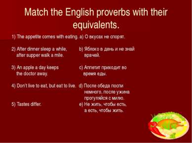 Match the English proverbs with their equivalents. 1) The appetite comes with...