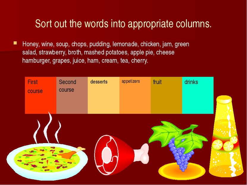 Sort out the words into appropriate columns. Honey, wine, soup, chops, puddin...