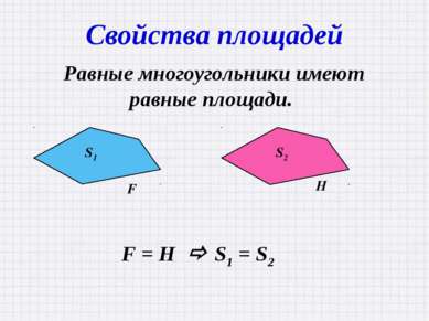 Свойства площадей Равные многоугольники имеют равные площади. F = H S1 = S2 S...