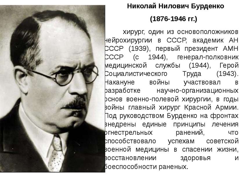 Николай Нилович Бурденко (1876-1946 гг.) хирург, один из основоположников ней...