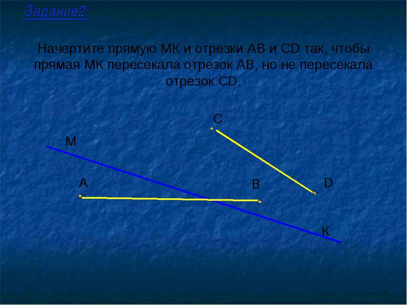 Начертите прямую МК и отрезки АВ и СD так, чтобы прямая МК пересекала отрезок...