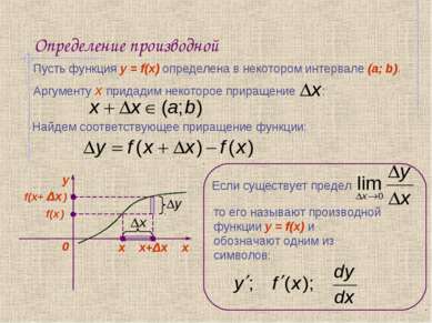 Определение производной Пусть функция y = f(x) определена в некотором интерва...