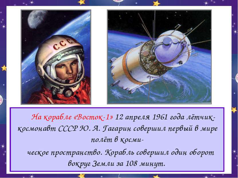 На корабле «Восток-1» 12 апреля 1961 года лётчик-космонавт СССР Ю. А. Гагарин...