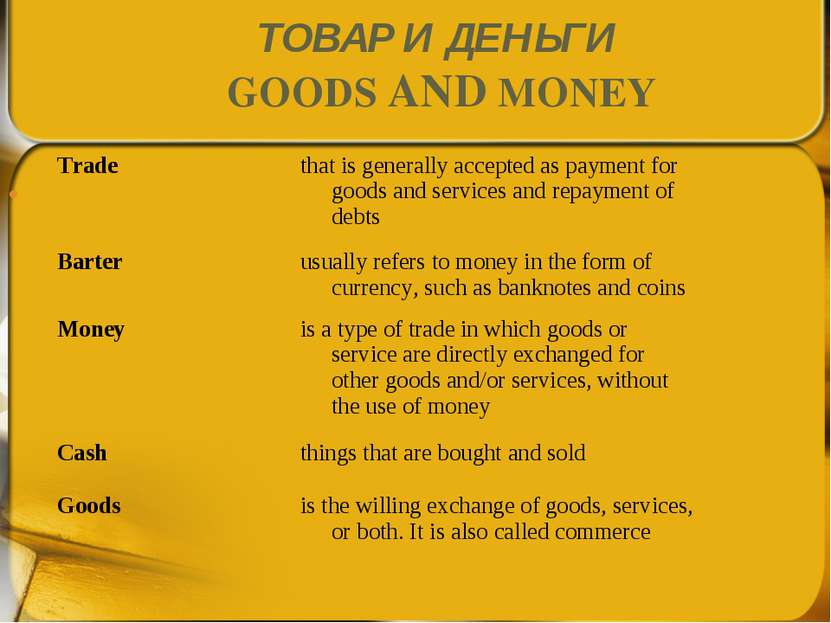 ТОВАР И ДЕНЬГИ GOODS AND MONEY Trade that is generally accepted as payment fo...