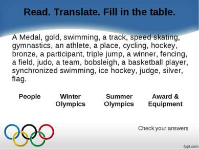 Read. Translate. Fill in the table. A Medal, gold, swimming, a track, speed s...