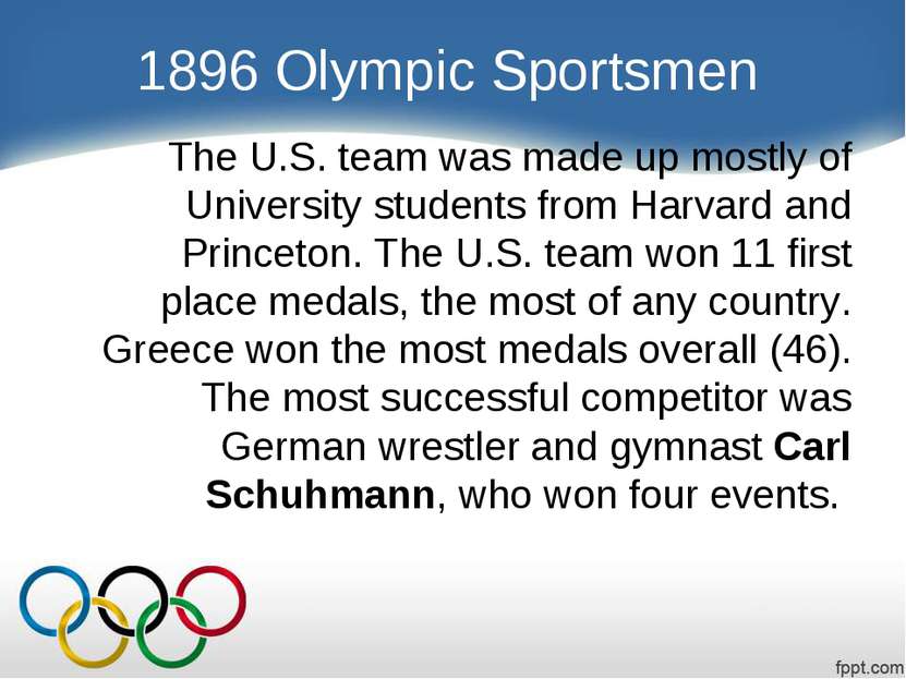 1896 Olympic Sportsmen The U.S. team was made up mostly of University student...
