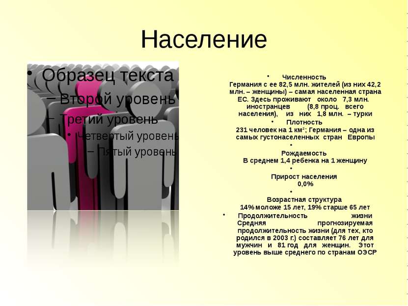 Население Численность  Германия с ее 82,5 млн. жителей (из них 42,2 млн. – же...