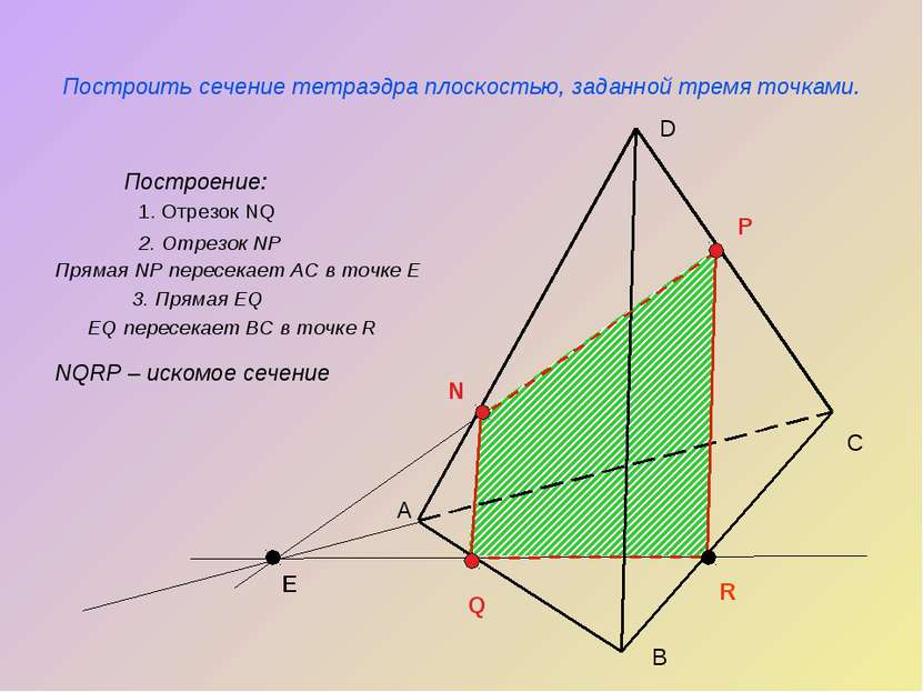 Построить сечение тетраэдра плоскостью, заданной тремя точками. Построение: А...