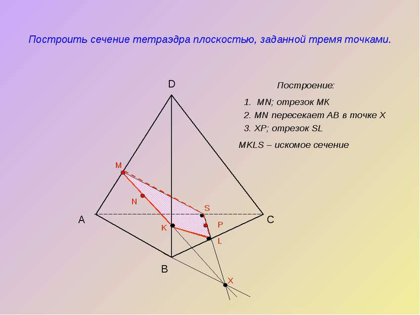 Построить сечение тетраэдра плоскостью, заданной тремя точками. Построение: А...