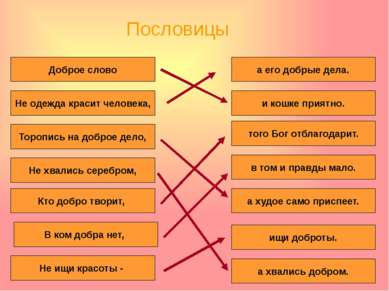 Пословицы Доброе слово Не одежда красит человека, Торопись на доброе дело, Не...