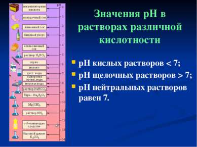 Значения pH в растворах различной кислотности pH кислых растворов < 7; pH щел...