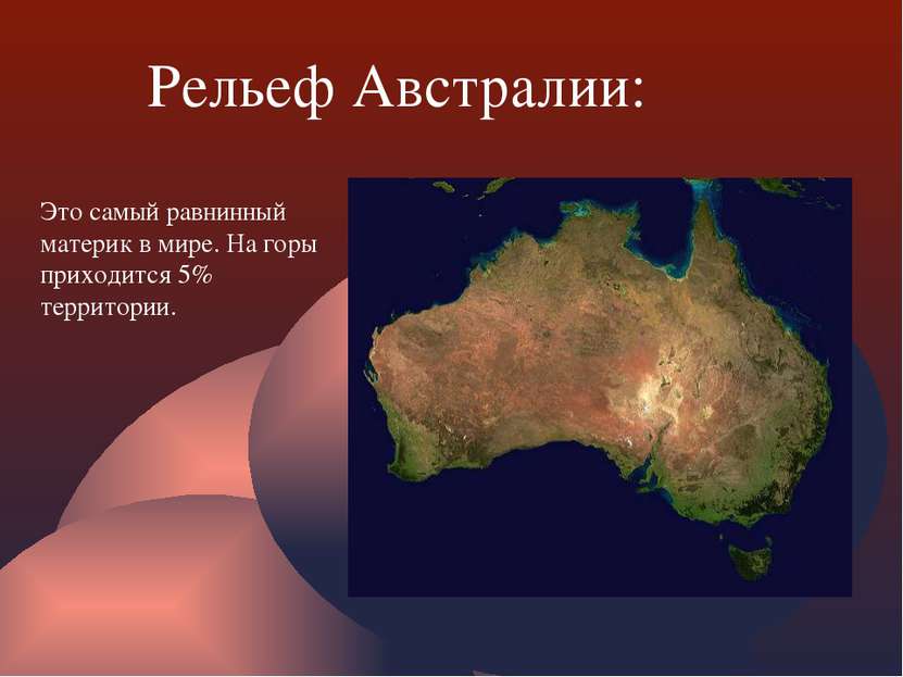 Рельеф Австралии: Это самый равнинный материк в мире. На горы приходится 5% т...