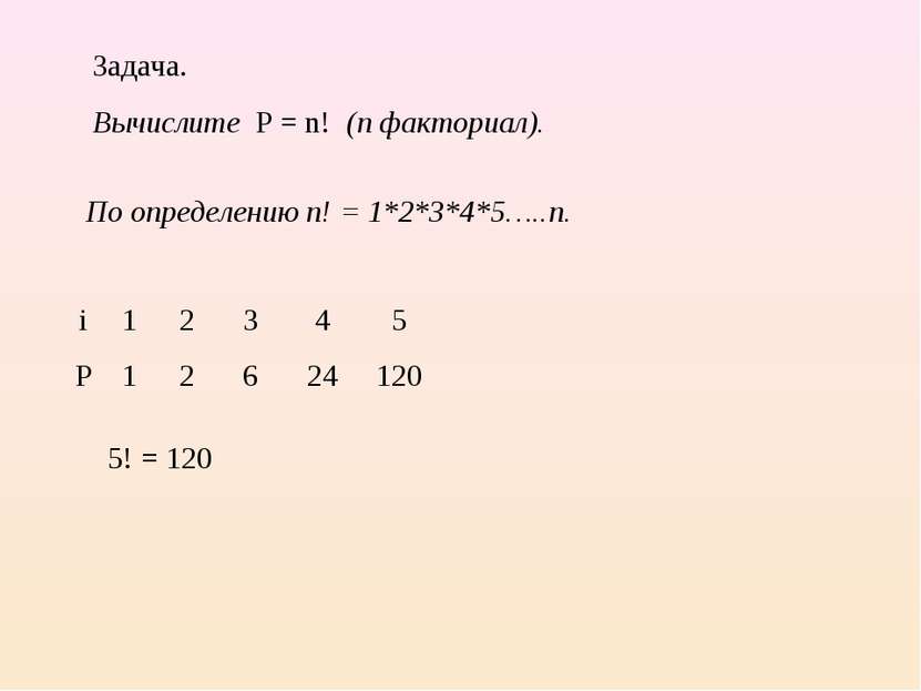 Задача. Вычислите P = n! (n факториал). По определению n! = 1*2*3*4*5…..n. 2 ...