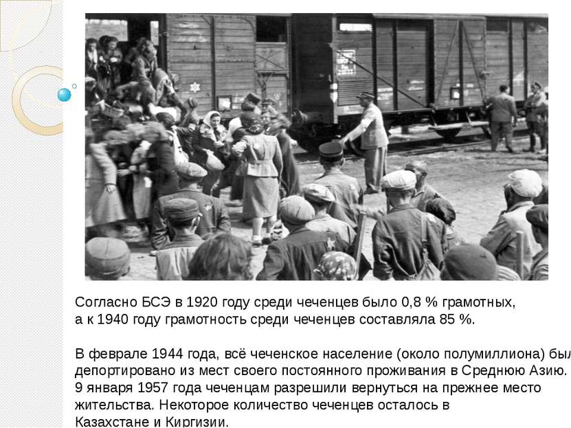 Согласно БСЭ в 1920 году среди чеченцев было 0,8 % грамотных, а к 1940 году г...