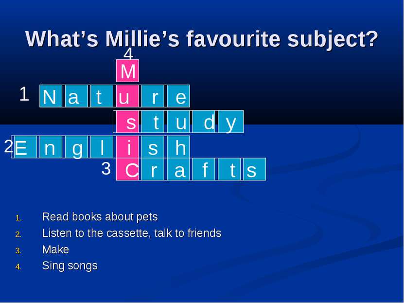 What’s Millie’s favourite subject? Read books about pets Listen to the casset...