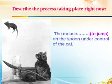 Describe the process taking place right now: The mouse………(to jump) on the spo...