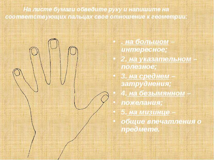 На листе бумаги обведите руку и напишите на соответствующих пальцах свое отно...