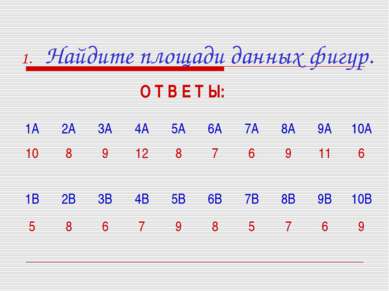 Найдите площади данных фигур. О Т В Е Т Ы: 1В 2В 3В 4В 5В 6В 7В 8В 9В 10В 5 8...