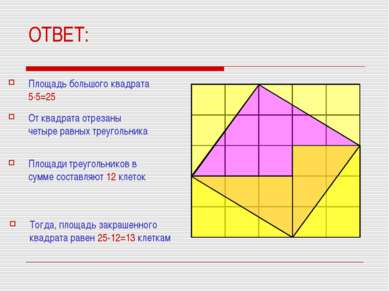 ОТВЕТ: Площадь большого квадрата 5·5=25 От квадрата отрезаны четыре равных тр...