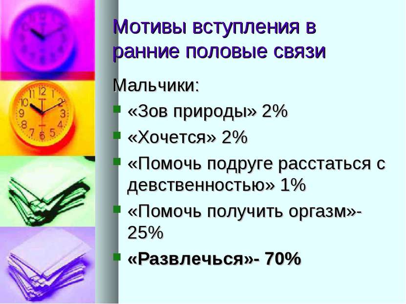 Мотивы вступления в ранние половые связи Мальчики: «Зов природы» 2% «Хочется»...