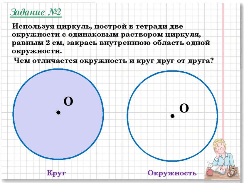 Круг Окружность Чем отличается окружность и круг друг от друга? O O Используя...