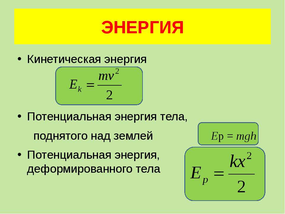Урок физики 7 энергия. Кинетическая и потенциальная энергия формулы. Формула для расчета кинетической и потенциальной энергии. Формула нахождения потенциальной энергии. Кинетическая энергия формула физика 10 класс.