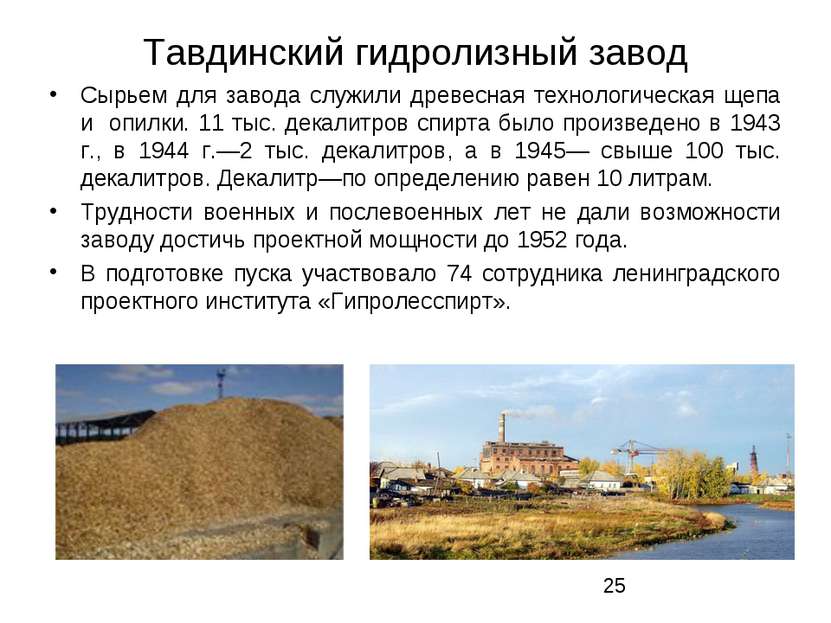 Тавдинский гидролизный завод Сырьем для завода служили древесная технологичес...