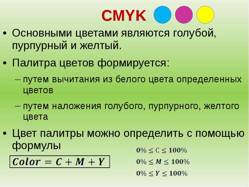 CMYK Основными цветами являются голубой, пурпурный и желтый. Палитра цветов ф...