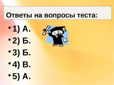 Ответы на вопросы теста: 1) А. 2) Б. 3) Б. 4) В. 5) А.