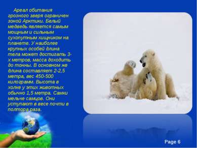 Ареал обитания грозного зверя ограничен зоной Арктики. Белый медведь является...