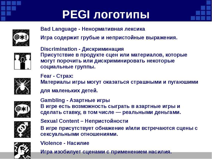 PEGI логотипы Bad Language - Ненормативная лексика Игра содержит грубые и неп...