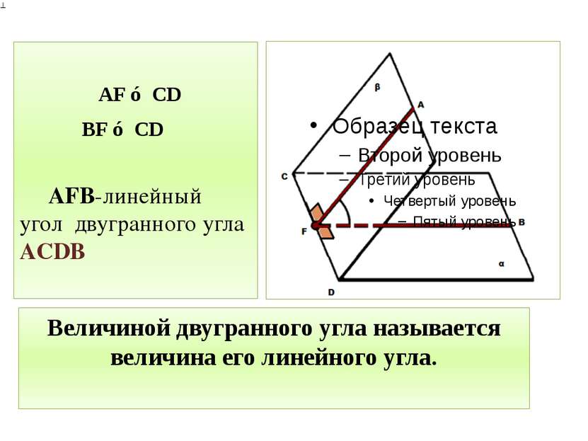 Величиной двугранного угла называется величина его линейного угла. AF ⊥ CD BF...