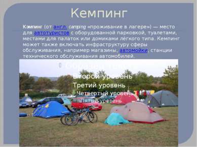 Кемпинг Кэмпинг (от англ. camping «проживание в лагере») — место для автотури...