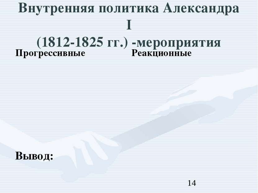 Внутренняя политика Александра I (1812-1825 гг.) -мероприятия Вывод: