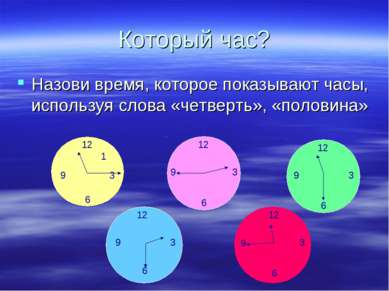 Который час? Назови время, которое показывают часы, используя слова «четверть...