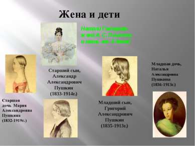 Жена и дети Старшая дочь Мария Александровна Пушкина (1832-1919г.) Старший сы...