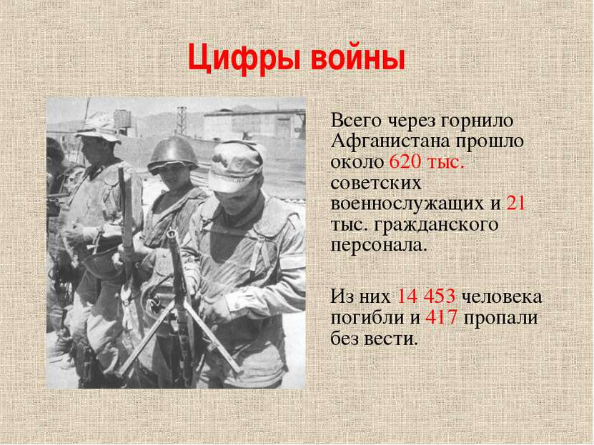 Цифры войны Всего через горнило Афганистана прошло около 620 тыс. советских в...