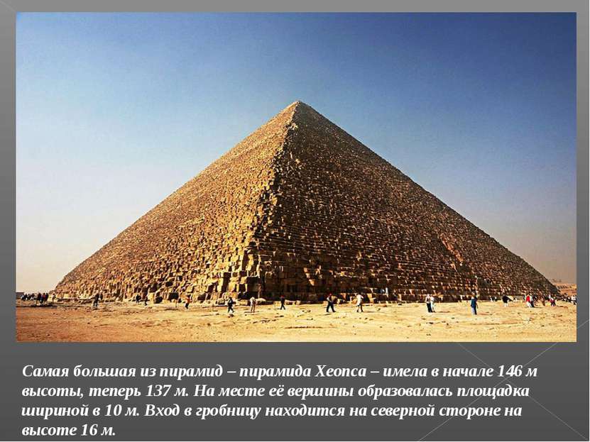 Самая большая из пирамид – пирамида Хеопса – имела в начале 146 м высоты, теп...