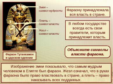 Фараон Тутанхамон в царском одеянии Плеть – символ власти Жезл – символ власт...