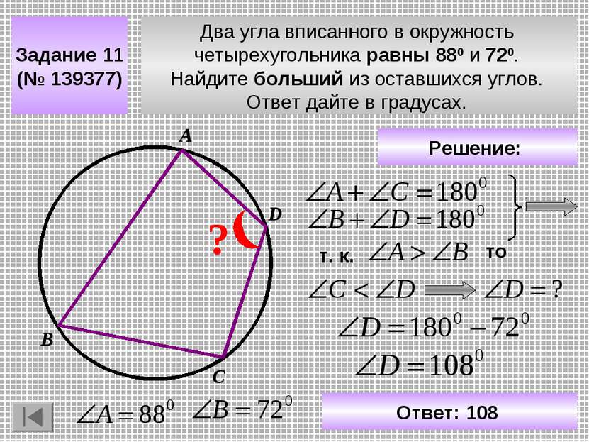 Два угла вписанного в окружность четырехугольника равны 880 и 720. Найдите бо...