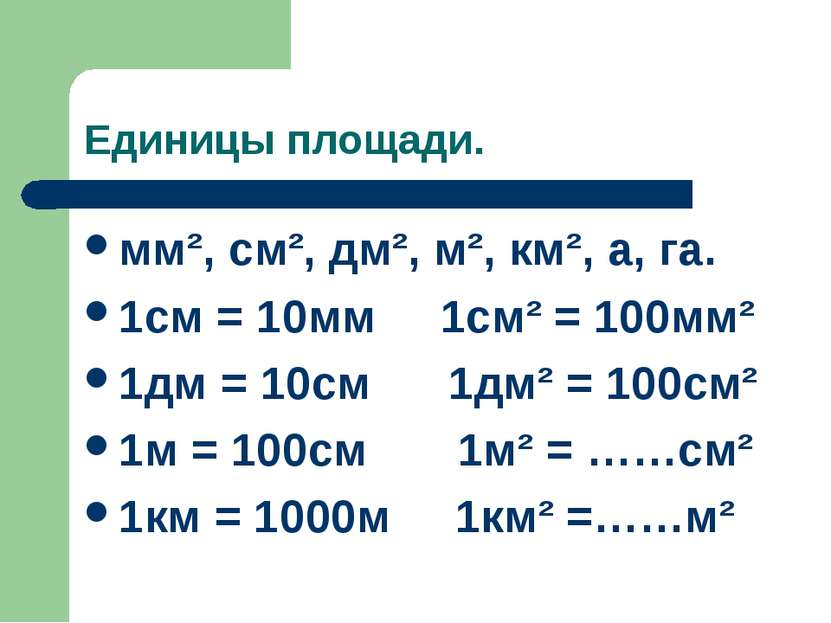 Единицы площади. мм², см², дм², м², км², а, га. 1см = 10мм 1см² = 100мм² 1дм ...